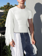 Men's Solid Color Lace Patchwork Knitted Short Sleeve T-shirt SKUL42802