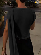 Men's Avant-Garde Party Draped Shoulder Sash Ruched Short Sleeve Round Neck T-shirt SKUL68400