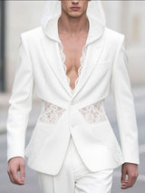 Men's Sheer Lace Patchwork Hooded Long Sleeve Blazer SKUL34017