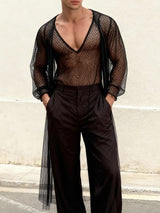 Men's Sheer Mesh V Neck Long Sleeve T-shirt SKUL46179