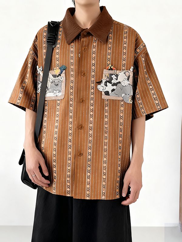 Men's Cartoon Animal Stripe Print Short Sleeve Shirt SKUL50070