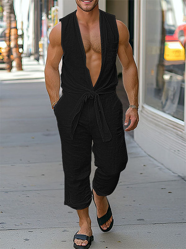Men's Solid Color Casual Sleeveless Jumpsuit SKUL22511