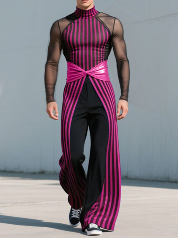 Men's Striped Colorblock Sheer Mesh Two Pieces Outfit SKUL25988