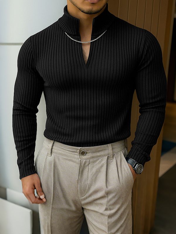 Men's Solid Color Textured Metal Chain Long Sleeve T-Shirt SKUL35274