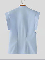 Men's Vintage Modern Chinese Slant Placket Tie-Knot Mandarin Collar Cap-Sleeve Shirt SKUL64088