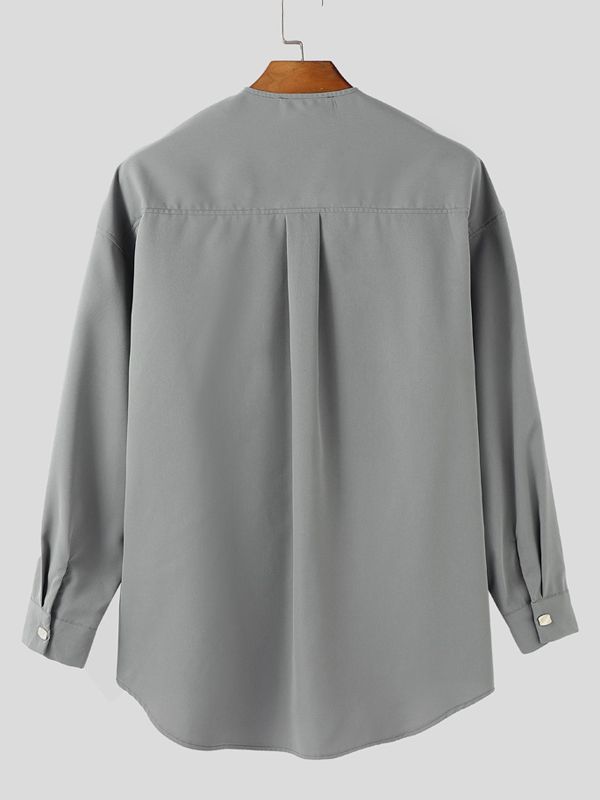 Men's Solid Color Pocket Long Sleeve Shirt SKUL38874