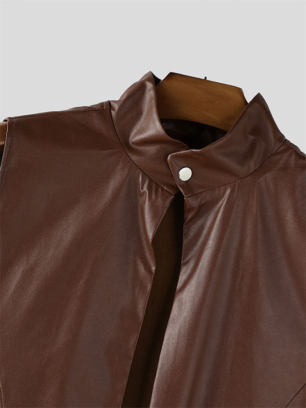 Mens Faux Leather Stand Collar Long Hem Waistcoat SKUL25751