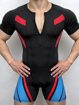 Men's Avant-Garde Racing Stripe Zip-Up Skinny Short Sleeve Zipper V-Neck Bodysuit SKUL73636