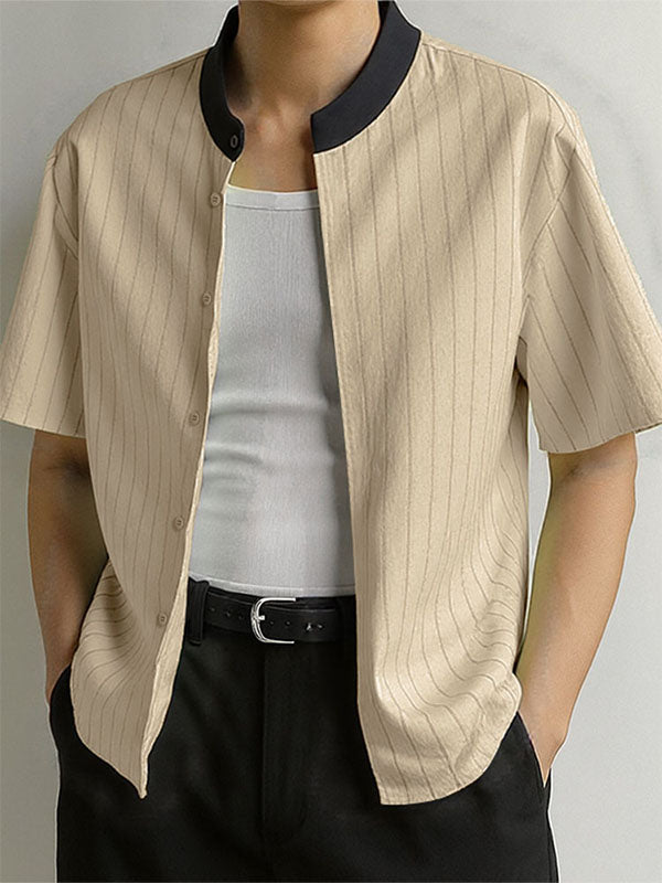 Mens Striped Colorblock Stand Collar Short Sleeve Shirt SKUL17927