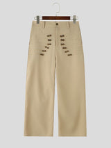 Men's Vintage Military Heavy Pintuck Double-Breasted Button High Waist Wide Leg Pant SKUL66968