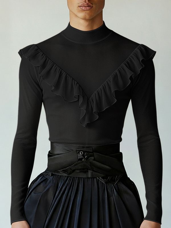 Men's Solid Color Ruffle Edge Patchwork Mock Neck Long Sleeve T-shirt SKUL46283