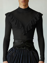 Men's Solid Color Ruffle Edge Patchwork Mock Neck Long Sleeve T-shirt SKUL46283