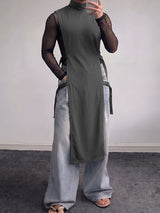 Men's Avant-Garde Darkwear Nightclub Party Side Buckle Strap High-Slit Long-Line Tank SKUL85220