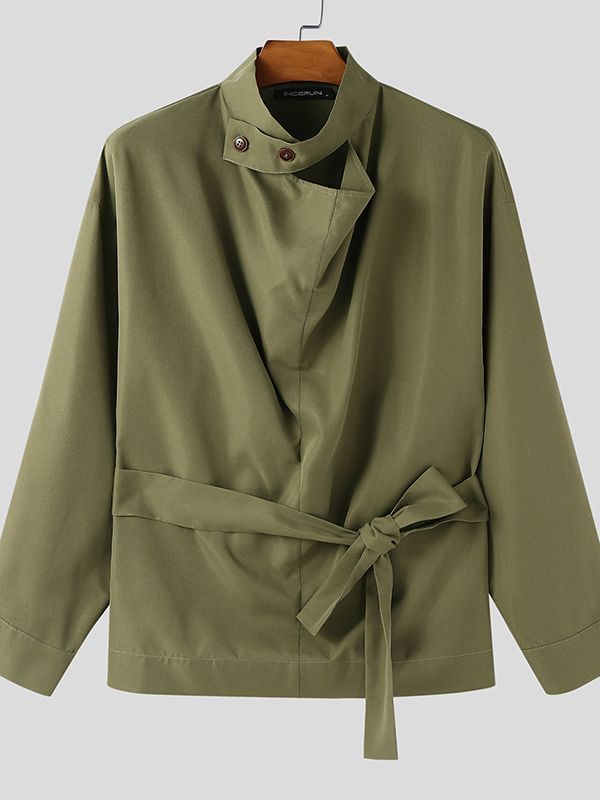 Men's Solid Color Lace Up Long Sleeve Shirt SKUL46165