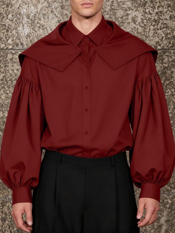 Men's Solid Color Shawl Long Sleeve Shirt SKUL42814