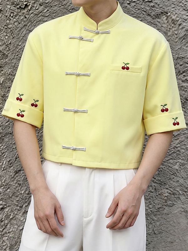 Men's Modern Chinese Mandarin Collar Frog Button Cherry Print Cropped Short Sleeve Shirt SKUL60983
