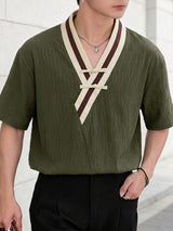 Men's Modern Neo-Chinese Cross V-Neck Frog Button Relaxed Short Sleeve Shirt SKUL60046