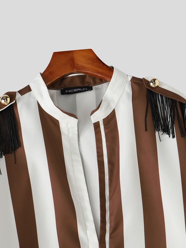 Men's Retro Theatrical Deep-V Fringe Epaulet Bold Striped Shirt SKUL79523