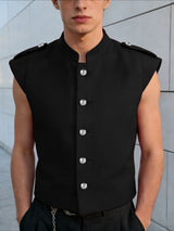 Men's Avant-Garde Ornate Silver Buttons Sleeveless Mandarin Collar Shirt SKUL62076
