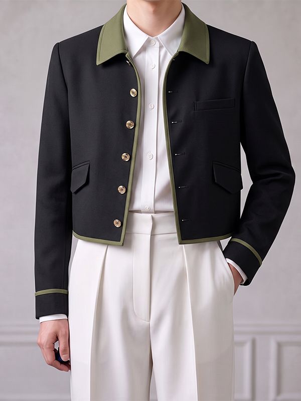 Men's Smart Chic Art Exhibition Contrast Collar Piped Trim Five-Button Cropped Jacket SKUL85504