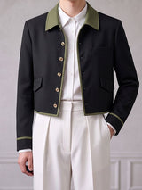 Men's Smart Chic Art Exhibition Contrast Collar Piped Trim Five-Button Cropped Jacket SKUL85504