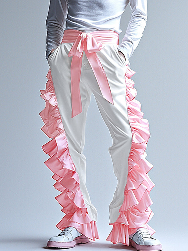 Mens Ruffle Trim Color-Block Patchwork Pant SKUK92845 – INCERUNMEN