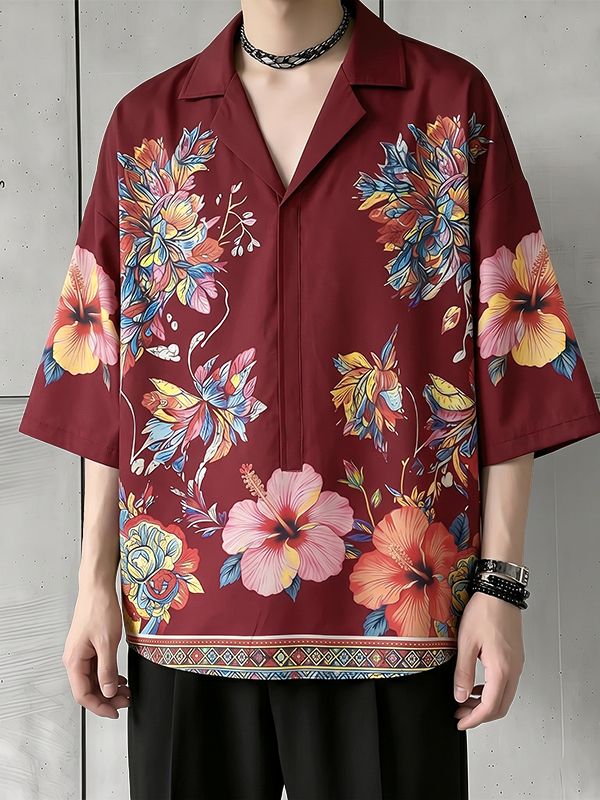Men's Retro Hawaiian Aloha Aesthetic All-Over Floral Botanical Print Short Sleeve Shirt SKUL68401