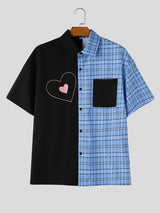 Men's Japanese Harajuku Streetwear Contrast Plaid Color-Block Heart Graphic Short Sleeve Shirt SKUL68889