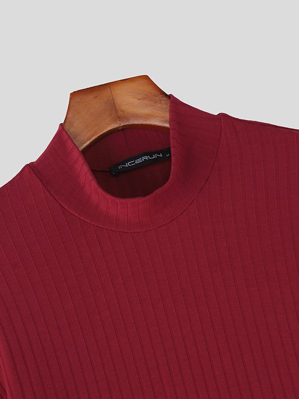 Men's Textured Turtleneck Irregular Hem Long Sleeve Sweater SKUL37543