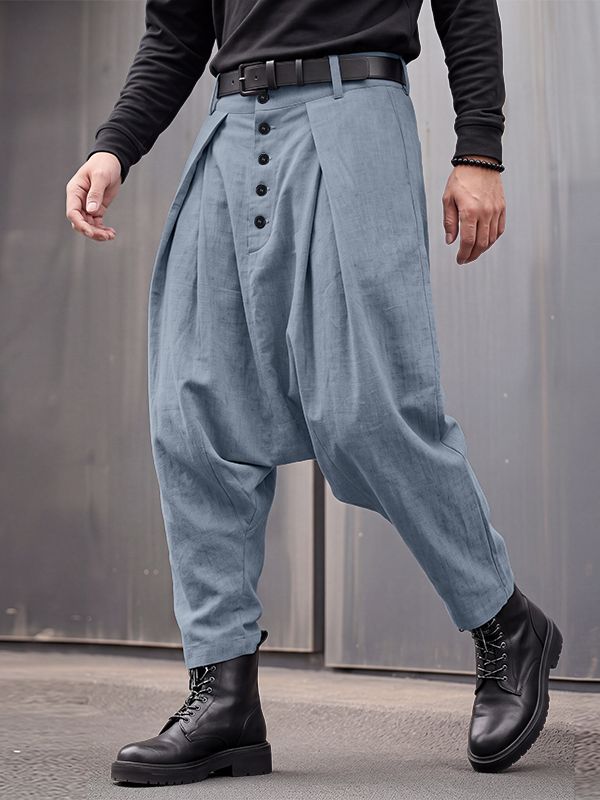 Men's Avant-Garde Low Drop Crotch Button Fly Deep Pleated Ankle Length Harem Pant SKUL84002
