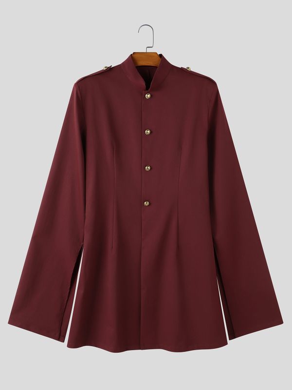 Men's Avant-Garde Runway Slit Cape Sleeve Gold Button Long Sleeve Stand Collar Knee Length Blazer SKUL81218