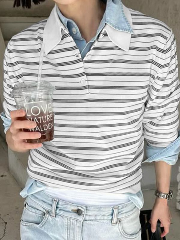 Men's Striped Turn Down Collar Long Sleeve Shirt SKUL50887