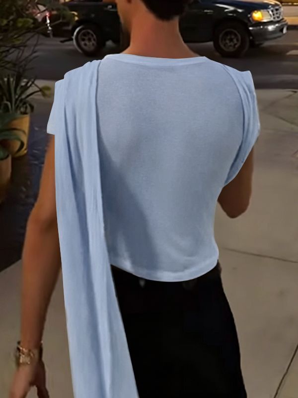 Men's Avant-Garde Party Draped Shoulder Sash Ruched Short Sleeve Round Neck T-shirt SKUL68400