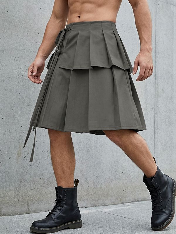 Men's Avant-Garde Gothic Pleated Layered Tie Waist Kilt Skirt SKUL58595