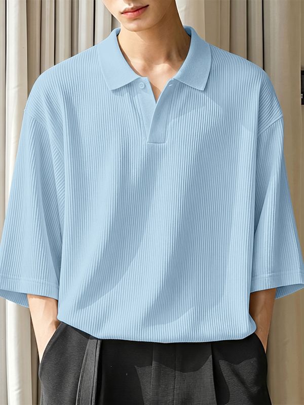 Men's Avant-Garde High-Street Deep V-Neck Ribbed Knit Polo Shirt SKUL74629
