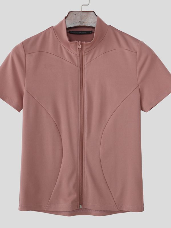 Men's Solid Color Slim Fit Zipper Cropped T-shirt SKUL54075