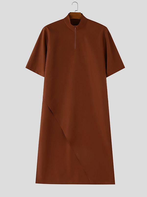 Men's Solid Color Asymmetric Longline Half Zip Short Sleeve Shirt SKUL56315