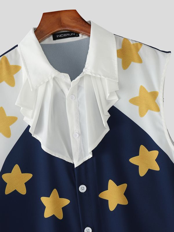 Men's Star Print Ruffled Jabot Sleeveless Shirt SKUL55309