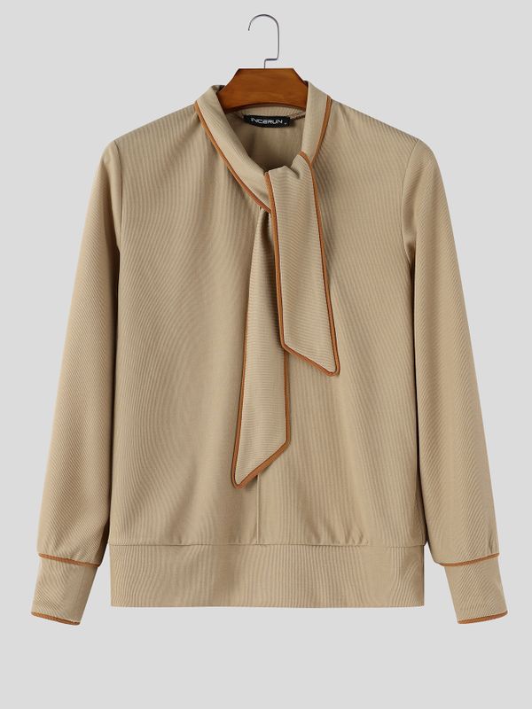 Men's Early Autumn Retro Contrast Trim Ribbon Neck Long Sleeve High Neck Pullover SKUL81061