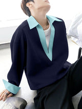 Men's Colorblock Deep V Lapel Long Sleeve Sweatshirt SKUL34191