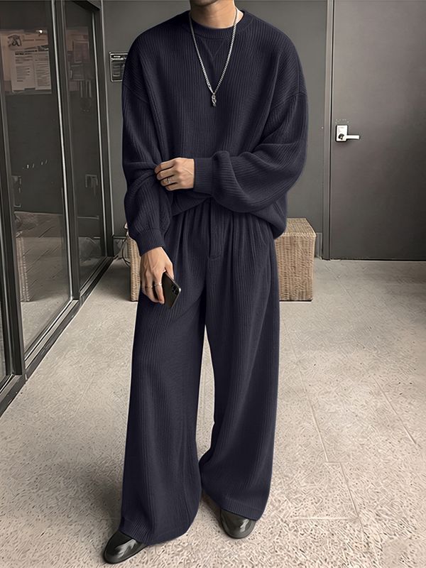 Men's Quiet Luxury Early Autumn Ribbed Knit Two Pieces Outfit SKUL79013