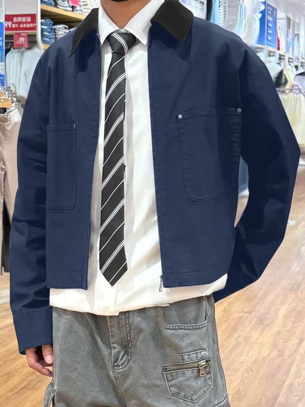 Men's Solid Corduroy Collar Long Sleeve Jacket SKUL34133