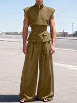 Men's Solid Color Waist Drawstring Casual Two Pieces Outfit SKUL41311