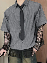 Men's Vertical Pinstripe Mesh Patchwork Layered Design Fishnet Sleeve Shirt SKUL54010