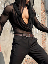 Men's Sheer Mesh Draped Neck Hooded Long Sleeve T-shirt SKUL54056