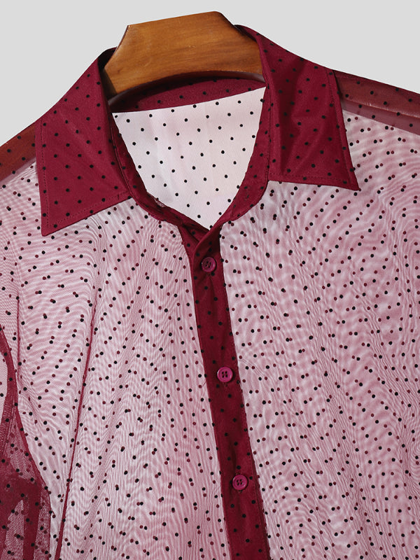 Men's Sheer Mesh Polka Dot Print Long Sleeve Shirt SKUL20217