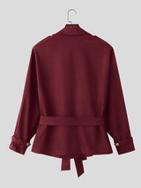Men's Retro Urban Casual Epaulet Cuff Strap Cinched Waist Structured Twill Long Sleeve Lapel Collar Jacket SKUL78332