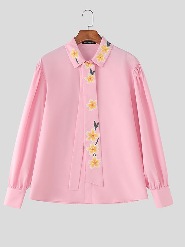 Men's Floral Printed Tie Long Sleeve Shirt SKUL44947