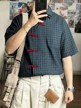 Men's Plaid Color Block Asymmetric Short Sleeve Shirt SKUL57119