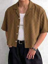 Men's Retro Plaid Boxy Cropped Camp Collar Short Sleeve Shirt SKUL75535